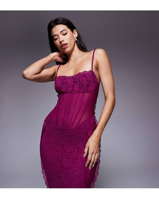 Murci Purple Exclusive Sheer Lace Corset Detail Cami Maxi Dress
