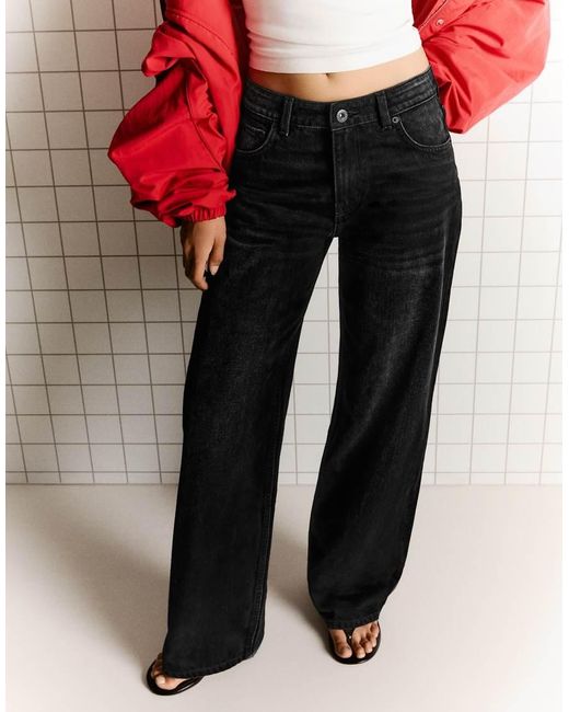 Bershka Red High-waist Wide Straight-leg Jeans