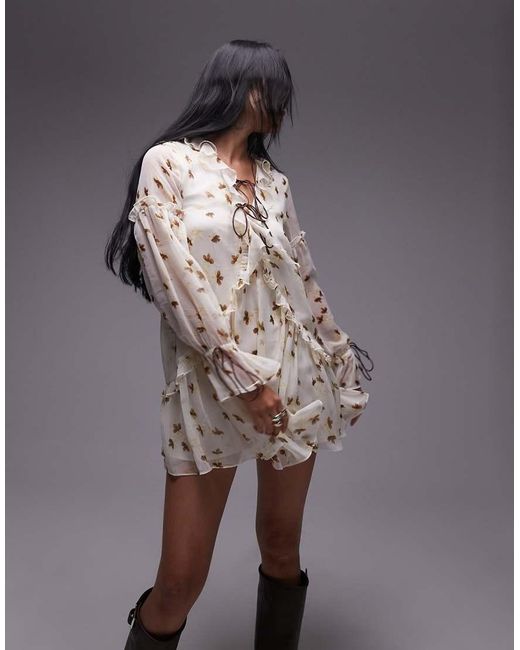 TOPSHOP Gray Poet Sleeve Frill Mini Dress