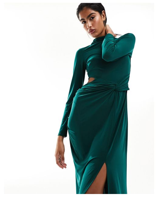 ASOS Green Asymmetric Ruched Knot Maxi Pencil Dress