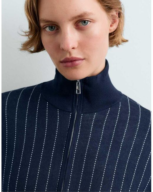 Oysho Blue Pinstripe Half-Zip Knit Jumper