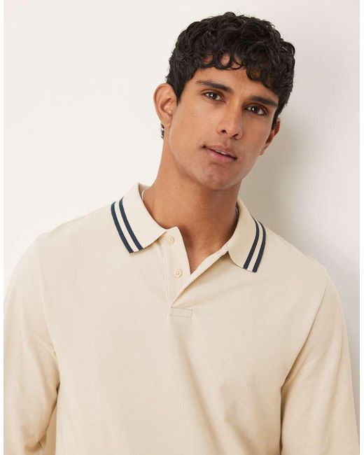 ASOS Natural Essentials Regular Fit Long Sleeve Polo With Navy Tipping for men