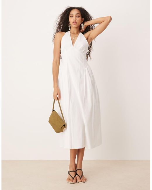 Vestido Semilargo Con Cintura Baja Y Cuello Halter De Algodón De Mango de color Natural