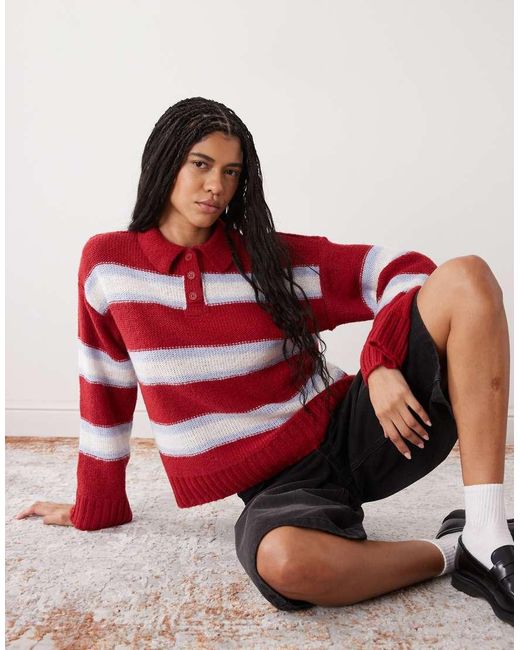 Reclaimed Vintage Red Stripe Flare Sleeve Jumper With Collar Detail