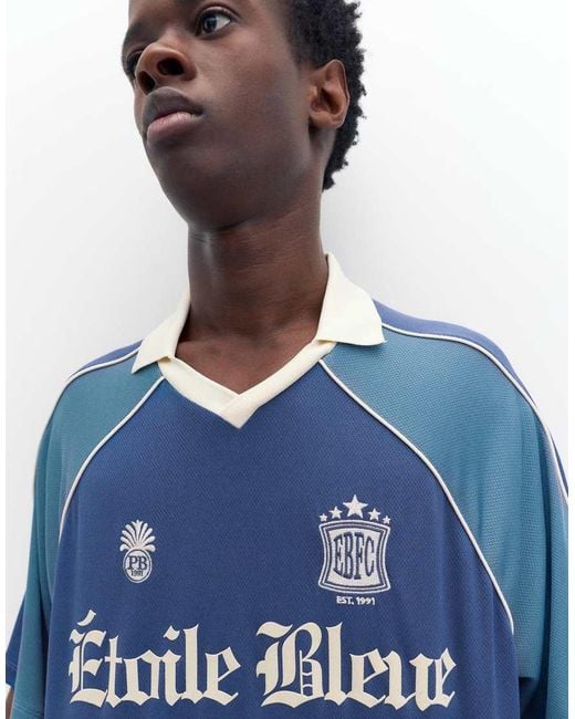 Pull&Bear Blue Stwd Graphic Football Polo for men