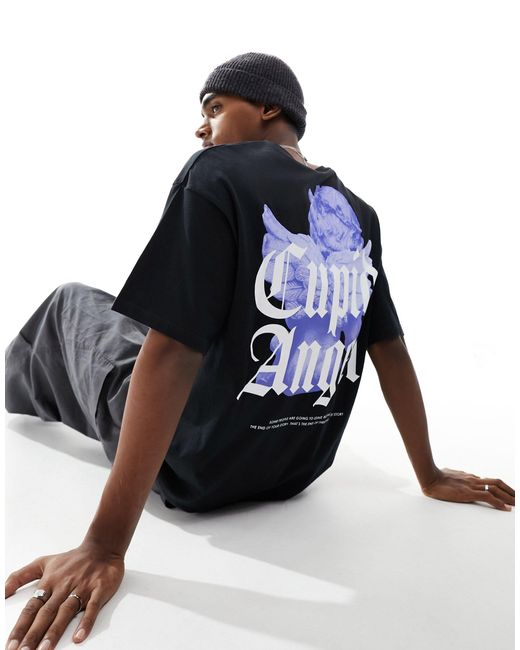 Camiseta negra extragrande con estampado "cupid angel" en la espalda ADPT de hombre de color Blue