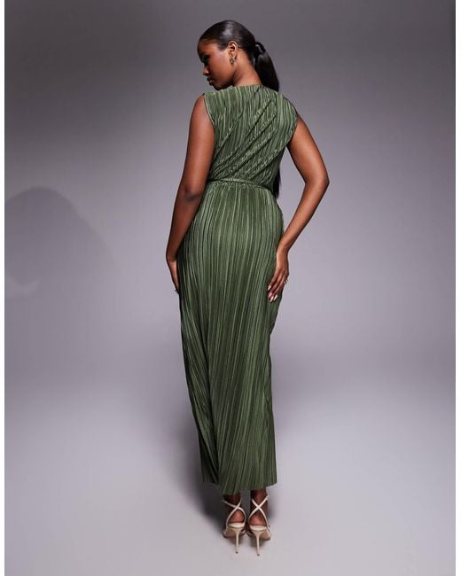 ASOS Green Plisse Sleeveless Wrap Tie Front Maxi Dress