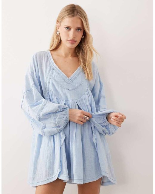 ASOS Blue V Neck Laundered Smock Mini Dress