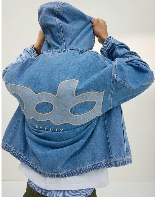 Bershka Blue Hooded Denim Jacket for men