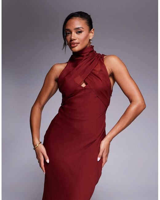 Robe longue en biais à col montant croisé - terracotta ASOS en coloris Red