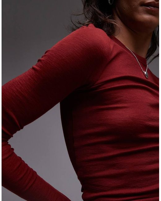 ARKET Red Merino Wool Knitted Rib Long Sleeve Top With Scoop Neck