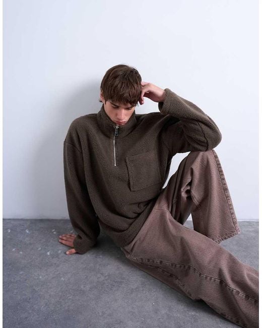 Topman Brown 1/4 Zip Borg Sweatshirt for men