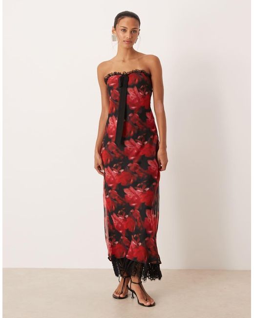 For Love & Lemons Red Chiffon Bandeau Open Back Maxi Dress