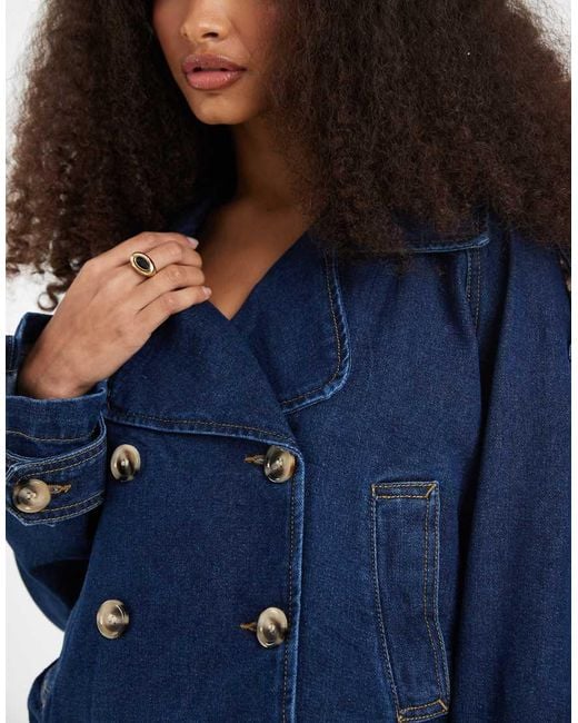 Vero Moda Blue Double Breasted Cropped Trench Coat