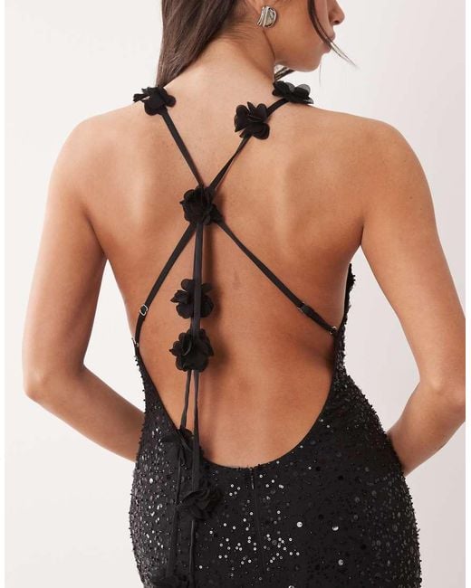 Oh Polly Black Premium Embellished Plunge Tie Back Floral Detail Maxi Dress