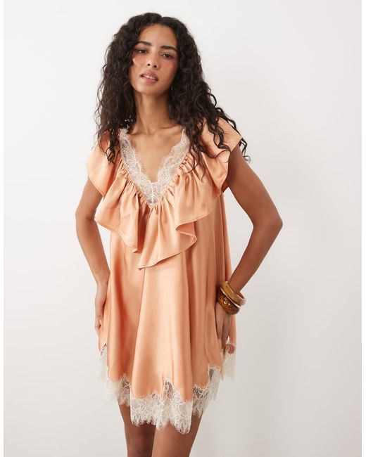 ASOS Brown V Neck Satin Ruffle Mini Dress With Lace Trim