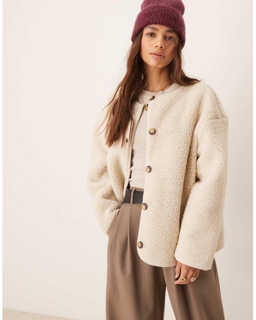 ASOS Natural Borg Jacket With Suedette Piping