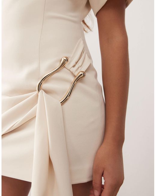 Lioness Natural Martini Structured High Neck Drape Waist Metal Hardware Detail Mini Dress