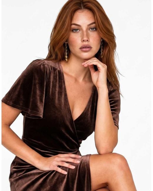 Maya Brown Faux Wrap Short Sleeve Velvet Maxi Dress