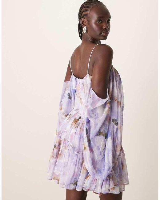 ASOS Multicolor Draped Off Shoulder Tiered Mini Dress With Lace Inserts