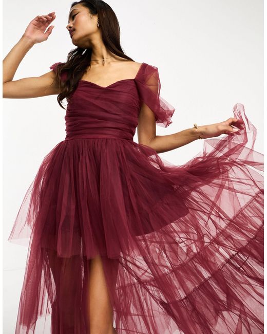 LACE & BEADS Red High Low Tulle Maxi Dress