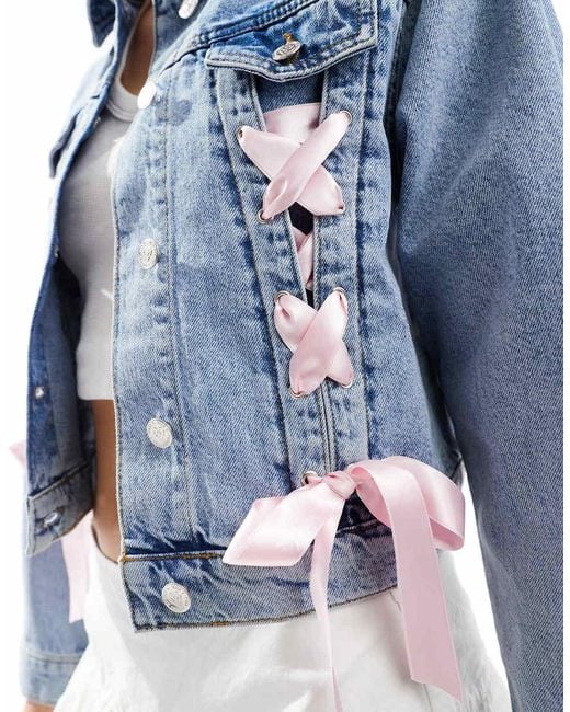 Miss Selfridge Blue Satin Ribbon Tie Detail Denim Girlfriend Jacket