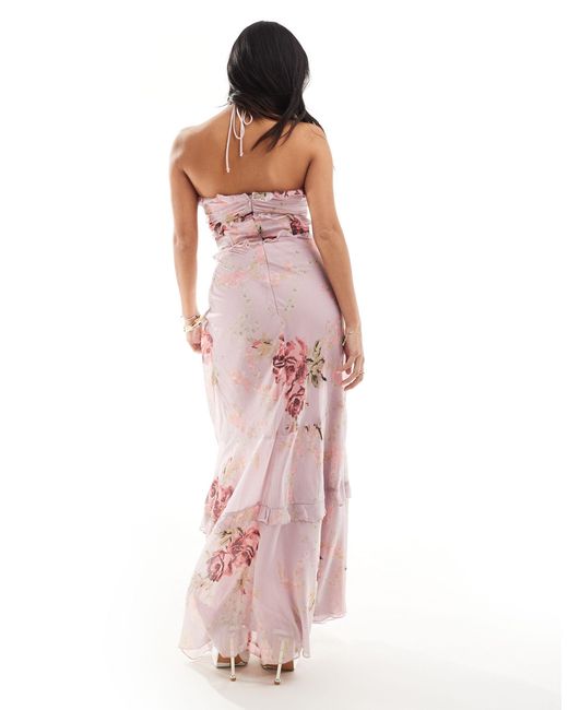 Asos design petite - robe dos-nu volantée longue à imprimé fleuri avec ourlet asymétrique - lilas rose ASOS en coloris Pink