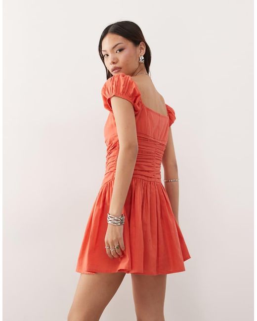 Vestido Veraniego Corto Rojo Mandarina Con Escote Cuadrado Y Cintura Baja De Reclaimed (vintage) de color Red