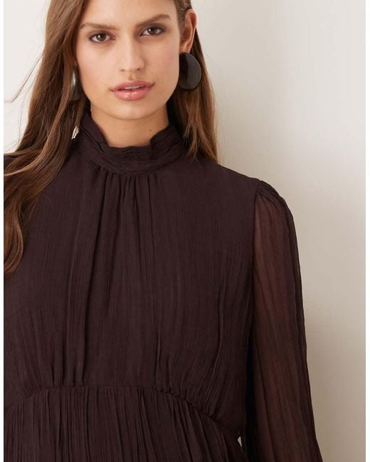 Mango Natural High Neck Long Sleeve Chiffon Tiered Maxi Dress