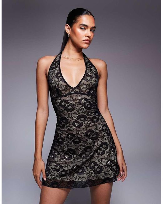 Princess Polly Black Sonella Floral Lace Plunge Halterneck Mini Dress