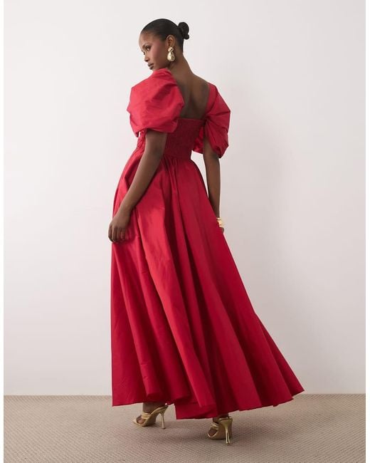 LACE & BEADS Red Taffeta Puff Sleeve Sweetheart Neck Gown