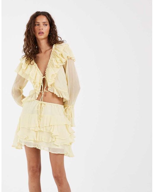 Muse Assembly Natural Ivy Ruffle Tie Front Blouse (part Of A Set)-yellow