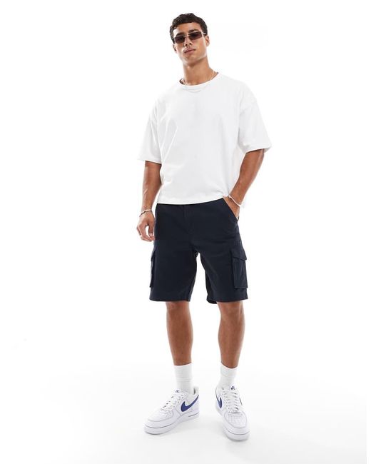 Threadbare Blue Cotton Twill Longline Cargo Shorts for men
