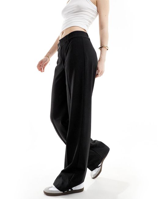 Pull&Bear Black Wide Leg Pinstriped Tailored Pants With Contrast Edge