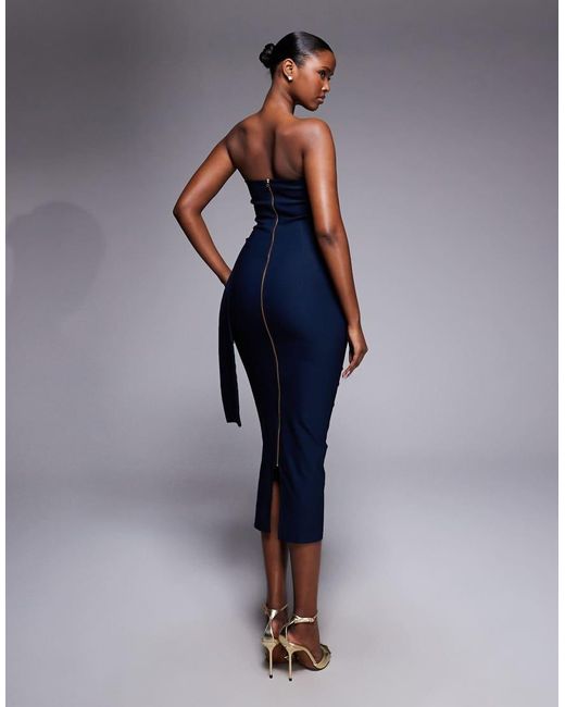 Vesper Blue Bengaline Bandeau Square Edge Drape Front Midi Dress
