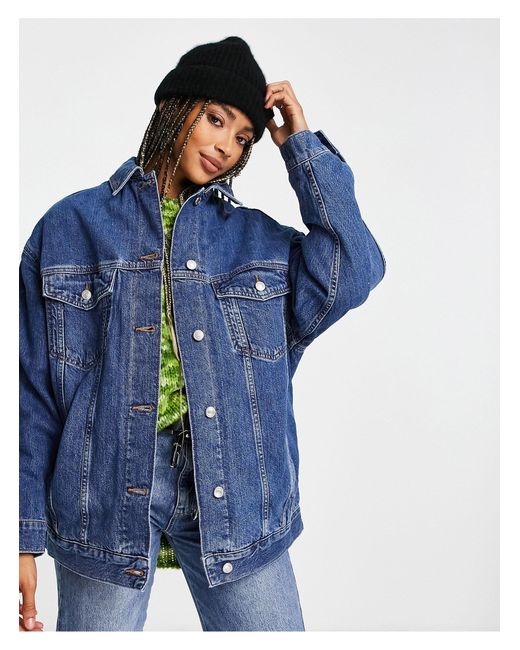 TOPSHOP Blue Dad Denim Jacket With Check Lining