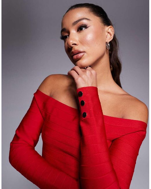 River Island Geribbelde Bardottop in het Red
