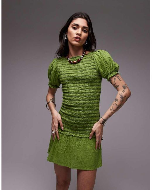 TOPSHOP Green Shirred Mini Dress With Contrast Stitch