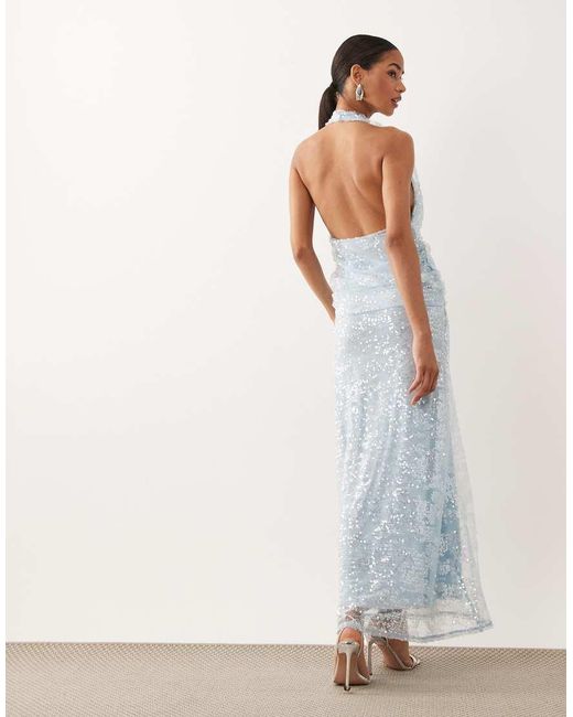 ASOS White Sequin Plisse Plunge Halter Maxi Dress With Scarf Detail