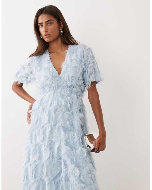 Y.A.S Blue Textured V Neck Midi Dress