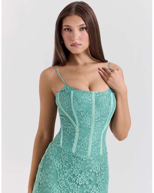 House Of Cb Green Antonina Lace Corset Maxi Dress