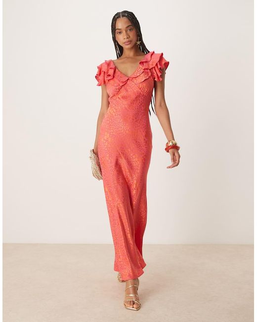 Never Fully Dressed Red Ruffle Sleeve Metallic Maxi Dress