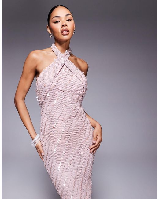 ASOS Purple Crochet Cross Front Maxi Dress With Sequin And Pearl Embellishment