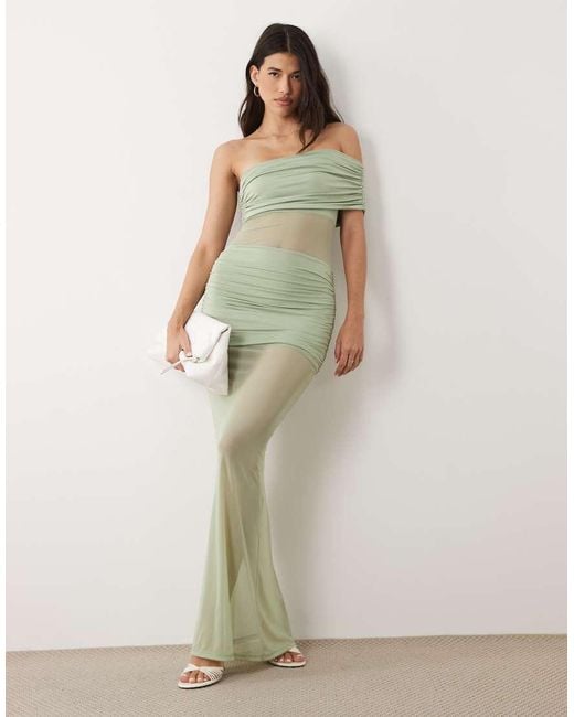 Aria Cove Green Double Layered Slinky Asymmetric Off Shoulder Mesh Insert Sheer Hem Maxi Dress
