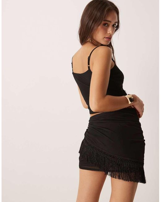 ASOS Natural Embroidered Fringed Wrap Mini Skirt