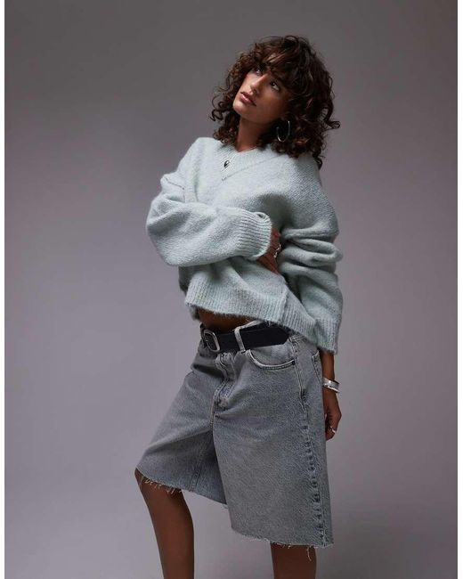 TOPSHOP Pluizige Gebreide Trui Met Hoge V-Hals in het Gray