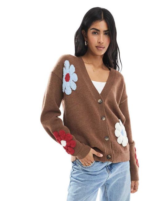 Cardigan Marrone Con Fiori E Scollo A V di Daisy Street in Brown