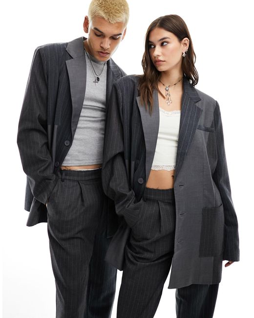 Reclaimed (vintage) Black Limited Edition Unisex Block Grey Pinstripe Suit Jacket (part Of A Set)