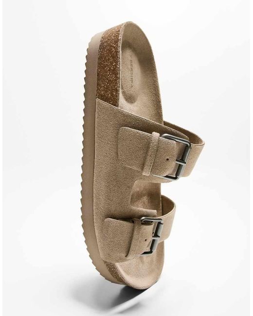Bershka White Buckled Flat Slider Sandals for men