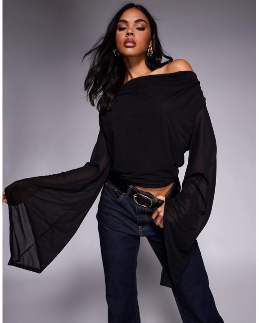 ASOS Black Sheer Mesh Flared Sleeve Cowl Cape Top